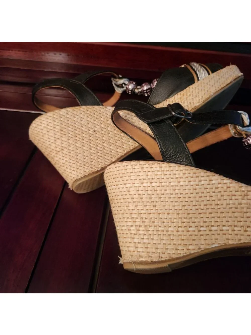 Nurture Black Beaded Leather T-Strap Wedge Sandals with Braided Rope Detail